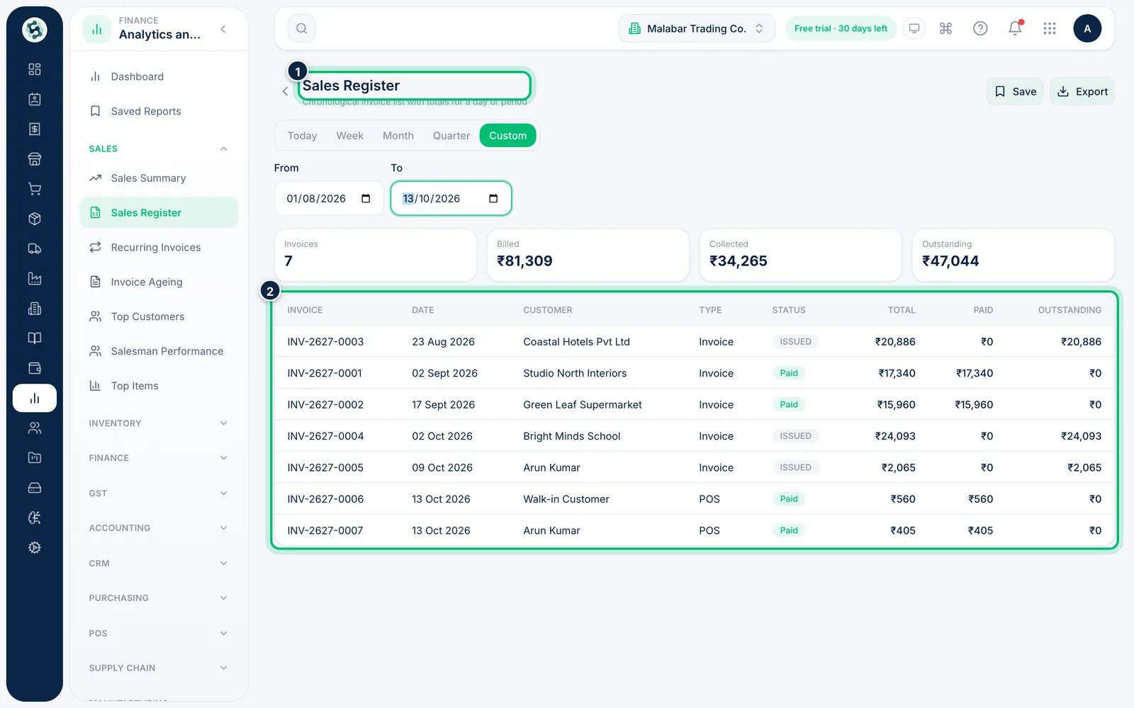 Scalar360 screen: List every invoice in the period