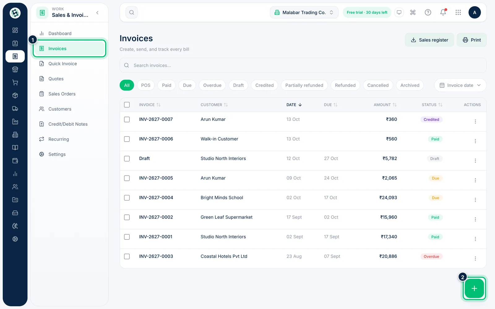 Scalar360 screen: Open Invoices and start a new one