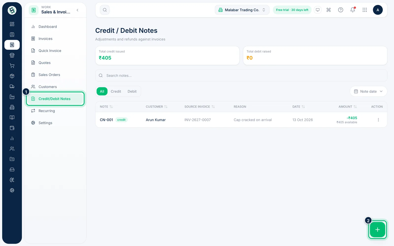 Scalar360 screen: Open Credit/Debit Notes