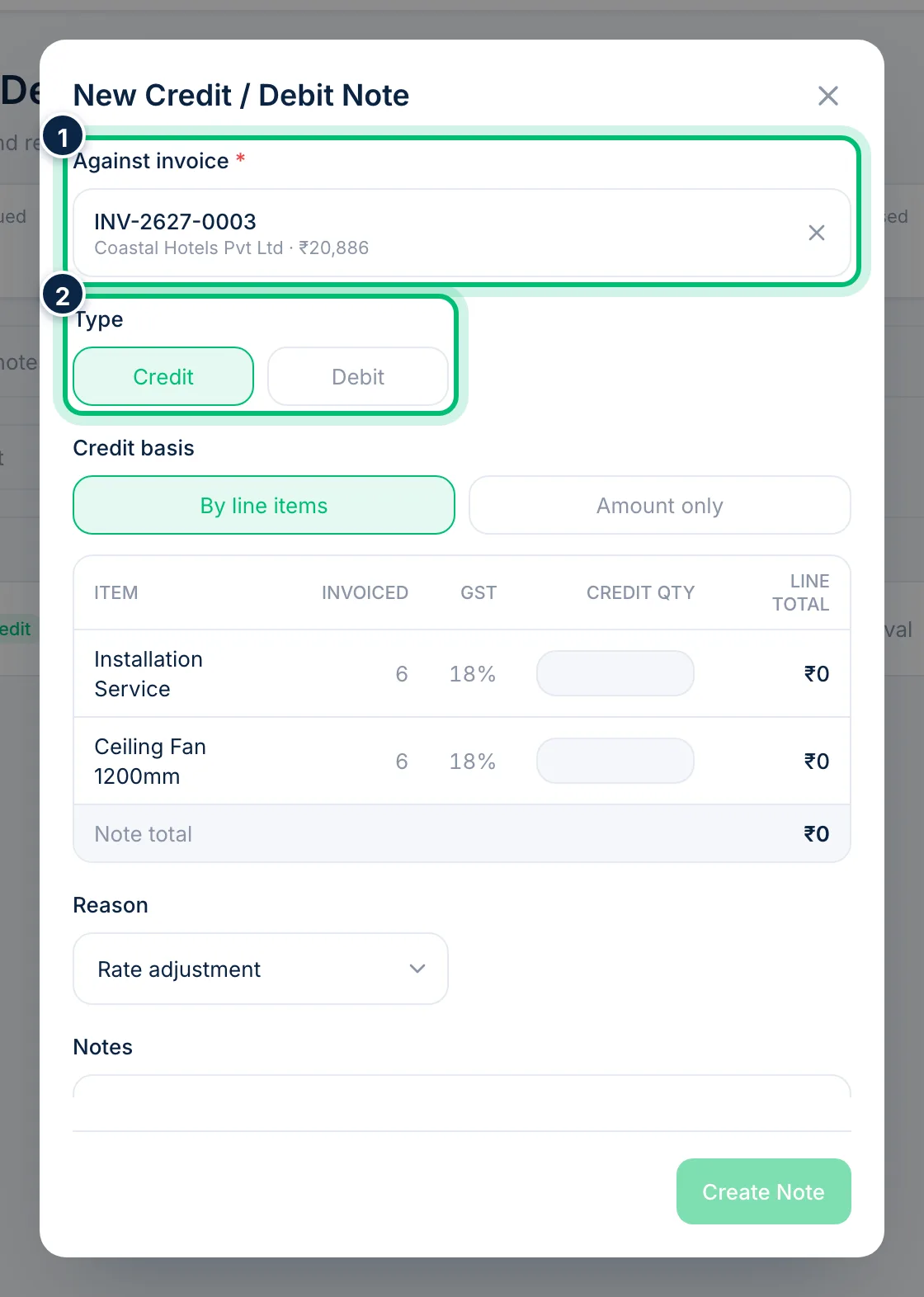 Scalar360 screen: Pick the invoice and the type