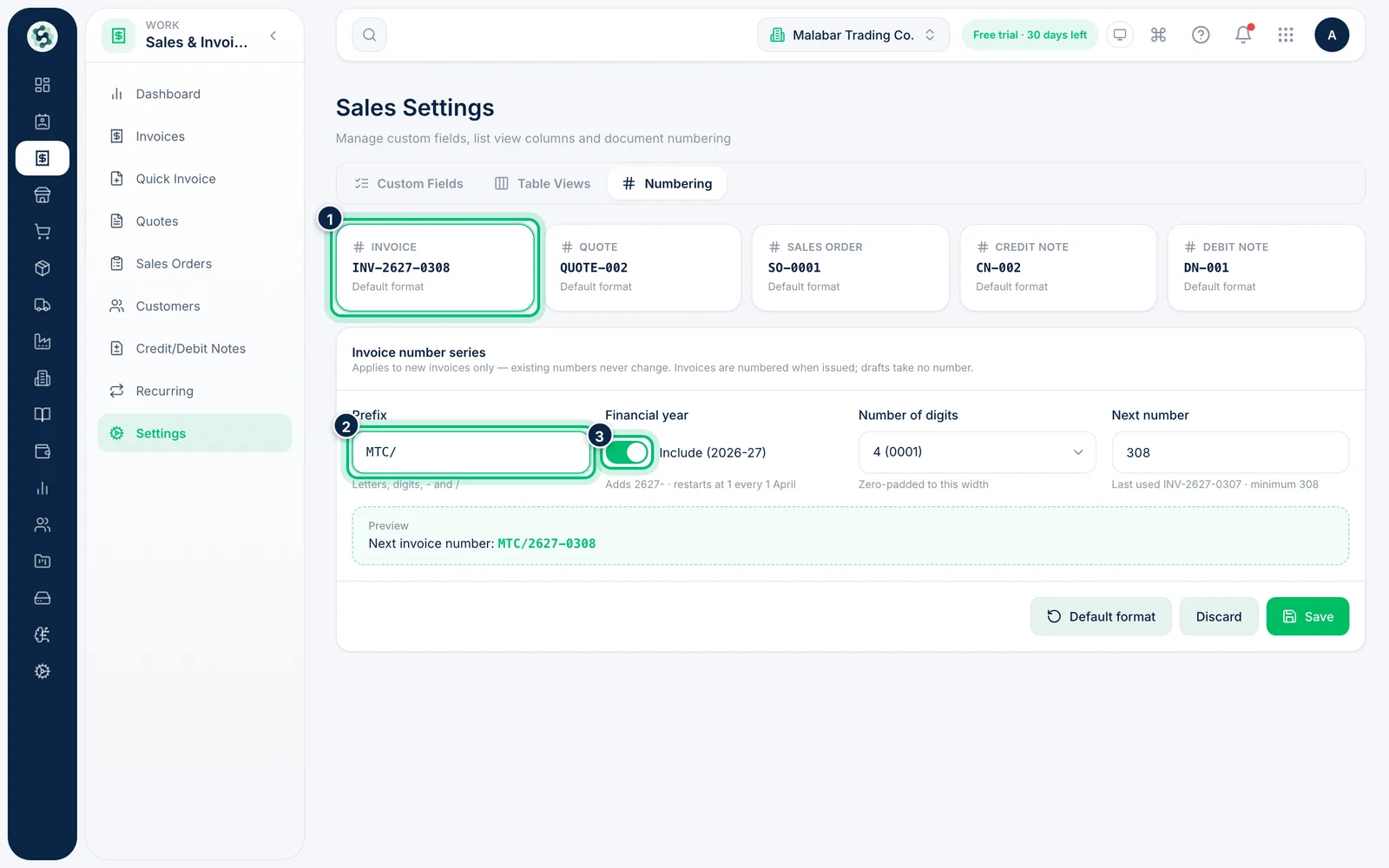 Scalar360 screen: Set your document numbering