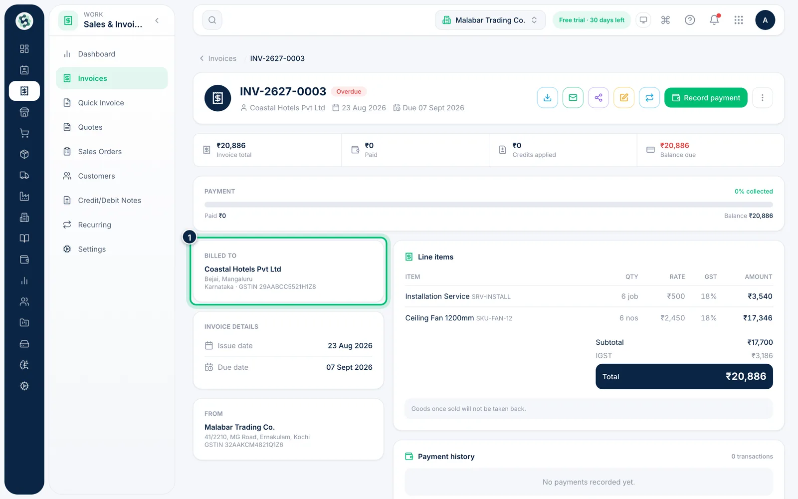 Scalar360 screen: Open the invoice