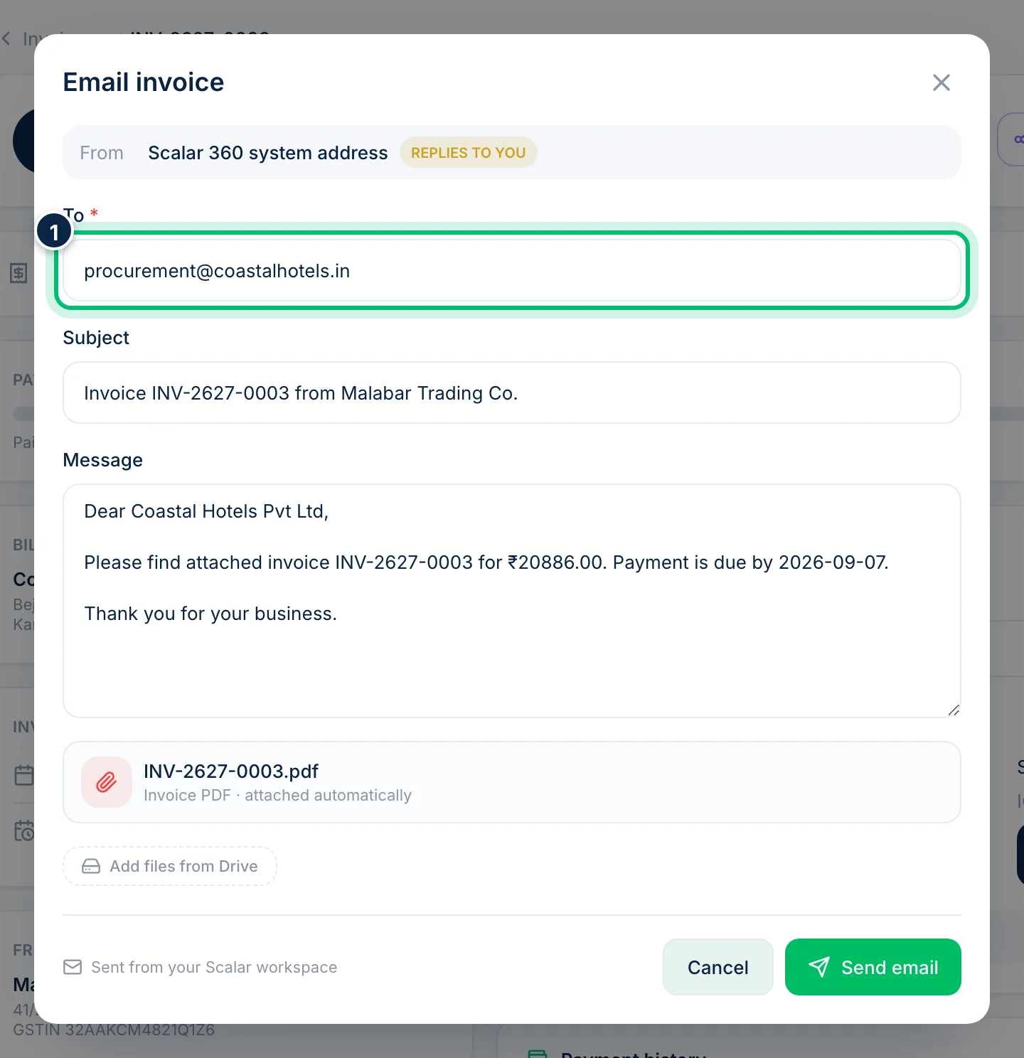 Scalar360 screen: Email the invoice