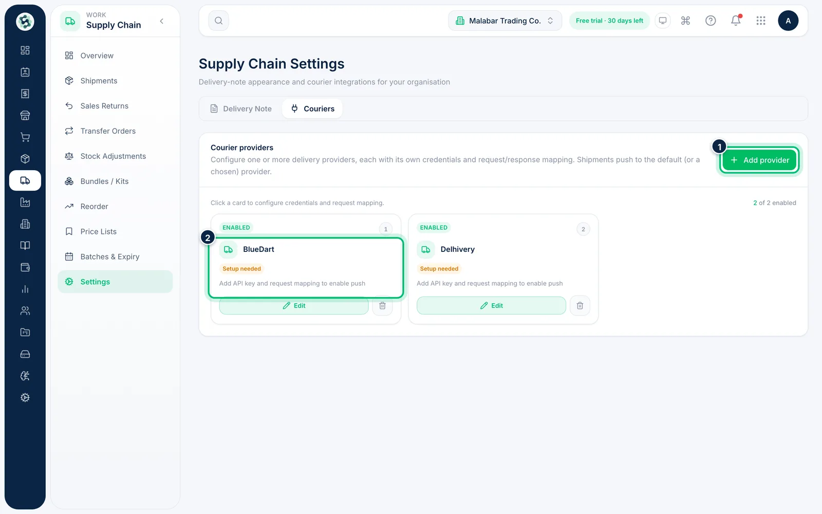 Scalar360 screen: Go to the Couriers tab