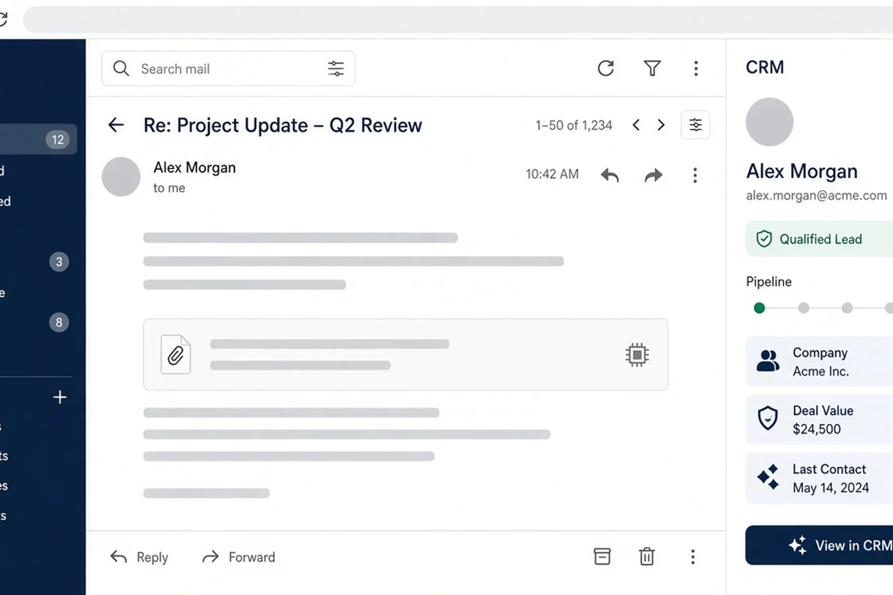 An email open with the sender's Scalar360 CRM record beside it